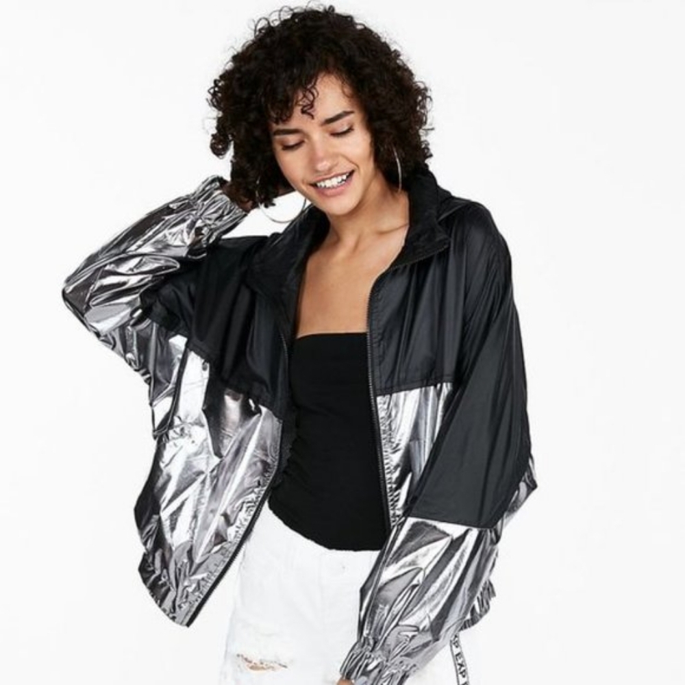 Y2K Express Black & Metallic Silver Hooded Colorblock Windbreaker Jacket XS
